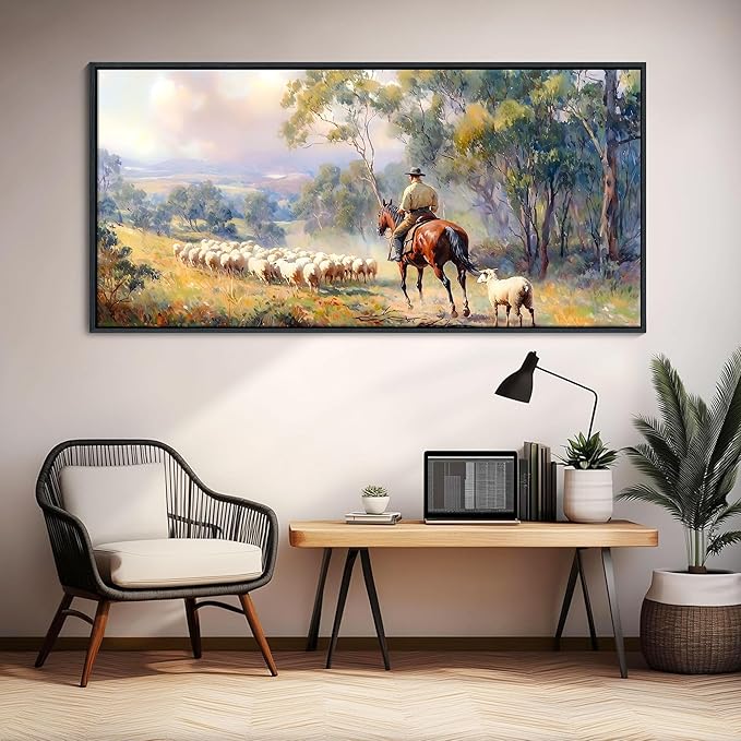JEAWA Large Framed Canvas Painting - Western Shepherding Landscape Wall Decor, Picture with Trees, sheeps and Fine Horse, Shepherd Art Prints for Bedroom Living Room Home Decoration, 29x58 IN