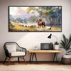 JEAWA Large Framed Canvas Painting - Western Shepherding Landscape Wall Decor, Picture with Trees, sheeps and Fine Horse, Shepherd Art Prints for Bedroom Living Room Home Decoration, 29x58 IN