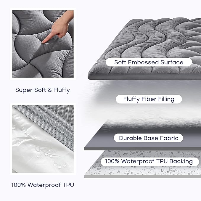 SLEEP ZONE Grey Waterproof Mattress Pad King Size, Premium Soft Embossed Mattress Topper, Quilted Fitted Mattress Protector Cover with Elastic Deep Pocket (Grey, King)