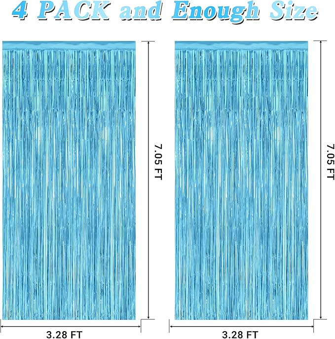 4 Pack Party Decorations, 3.28 FT x 7.05 FT Blue Foil Streamers, Metallic Sky Blue Backdrop Fringe Curtains Bithday Back Drop, Winter Backdrop for Party Supplies Door Decor Hanging