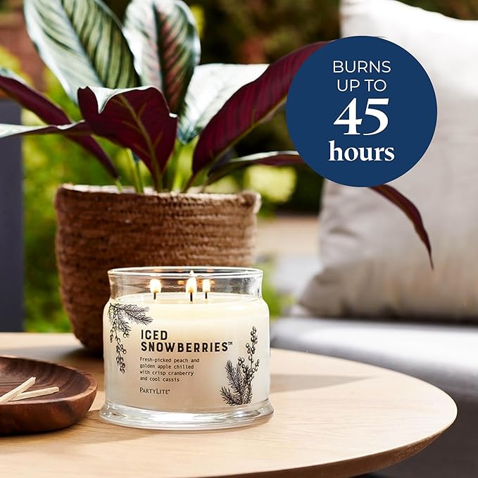 PartyLite Iced Snowberries Scented, Notes of Apple, Cassis, Cranberry, Peach, Strawberry, Berry, Vanilla & Musk,13.2oz 3-Wick Jar Candle, 45 Hour Burn Time, Luxurious Fragrance, Perfect for Gifting
