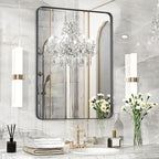Fun Memories Wall Mirror for Bathroom, 32x24 Inch Black Bathroom Mirror, Rectangular Wall Mounted Decorativ, Rounded Corner, Aluminum Alloy Frame, Farmhouse, Hangs Horizontal or Vertical