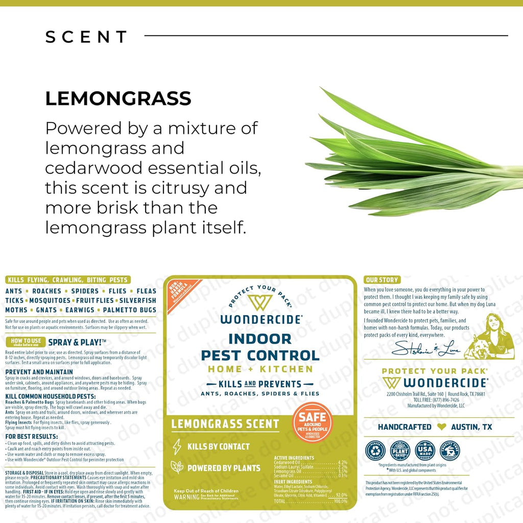 Wondercide - Indoor Pest Control Spray for Home and Kitchen - Ant, Roach, Spider, Fly, Flea, Bug Killer and Insect Repellent - with Natural Essential Oils - Pet and Family Safe — Lemongrass 32 oz