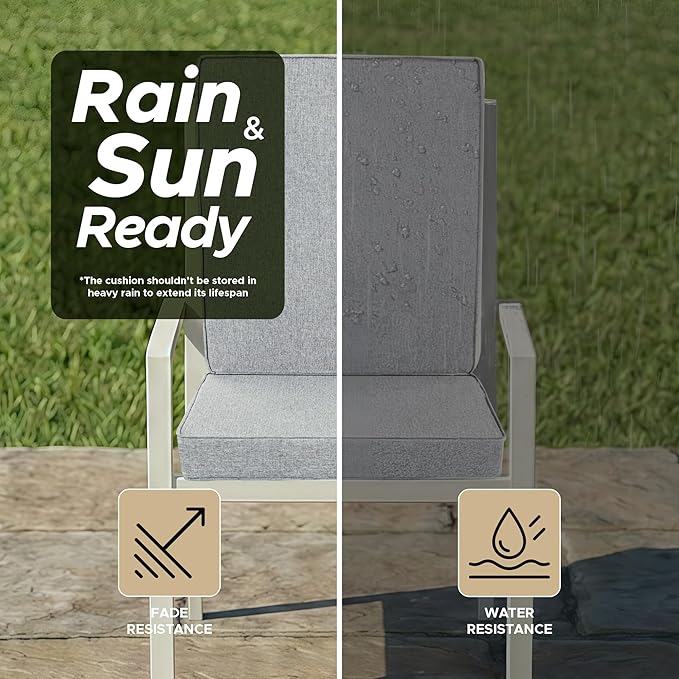 Outdoor Chair Cushions, Water-Resistant & Fade-Resistant, Patio Furniture Lawn Dining Chair Seat Replacement with Mid Back, Ties Zipper, Removable Cover, 18 x 16.5 Inch, Set of 1, Light Grey