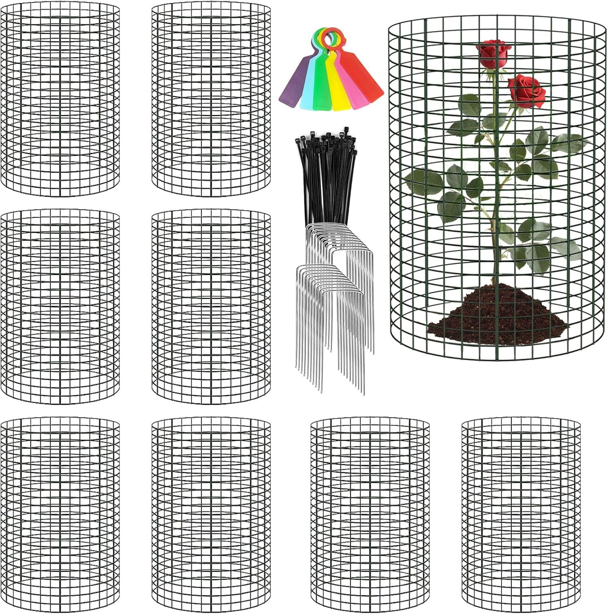 8 Pack 24'' x 12'' Large Wire Plant Protector from Animals, Metal Plant Wire Cage Chicken Wire Cloche with Ground Stakes , Labels and Nylon Tie to Keep Animals Out, Garden Protection Bunny Barricade