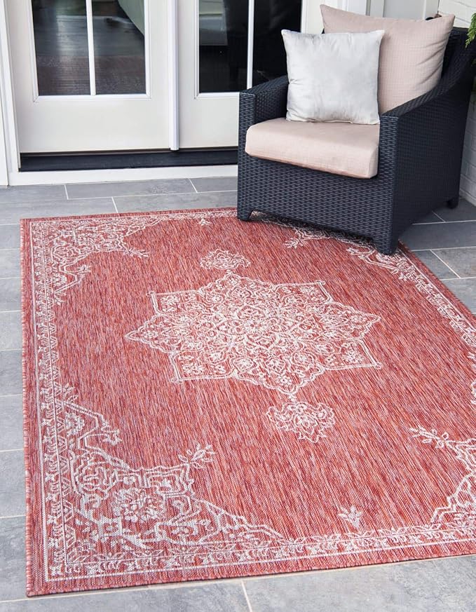 Unique Loom Outdoor Traditional Collection Area Rug - Antique (8' x 11' 4" Rectangle, Rust Red/ Gray)