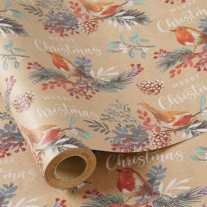 RUSPEPA Kraft Christmas Wrapping Paper Roll, Mini Roll, Vintage Bird on Pine Branch Design with Merry Christmas, Natural Scene Gift Wrap for Women, Friends, Family, Xmas Gifts, 17 Inches x 16.4 Feet