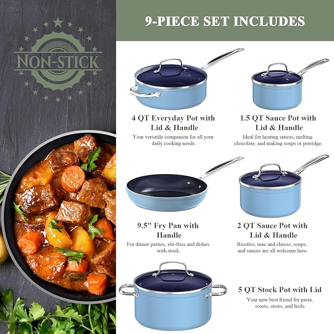 Nuwave 9pc Cookware Set Healthy Duralon Blue Ceramic Nonstick Coated, Diamond Infused Scratch-Resistant, PFAS Free, Oven Safe, Induction Ready & Evenly Heats, Tempered Glass Lids & Stay-Cool Handle