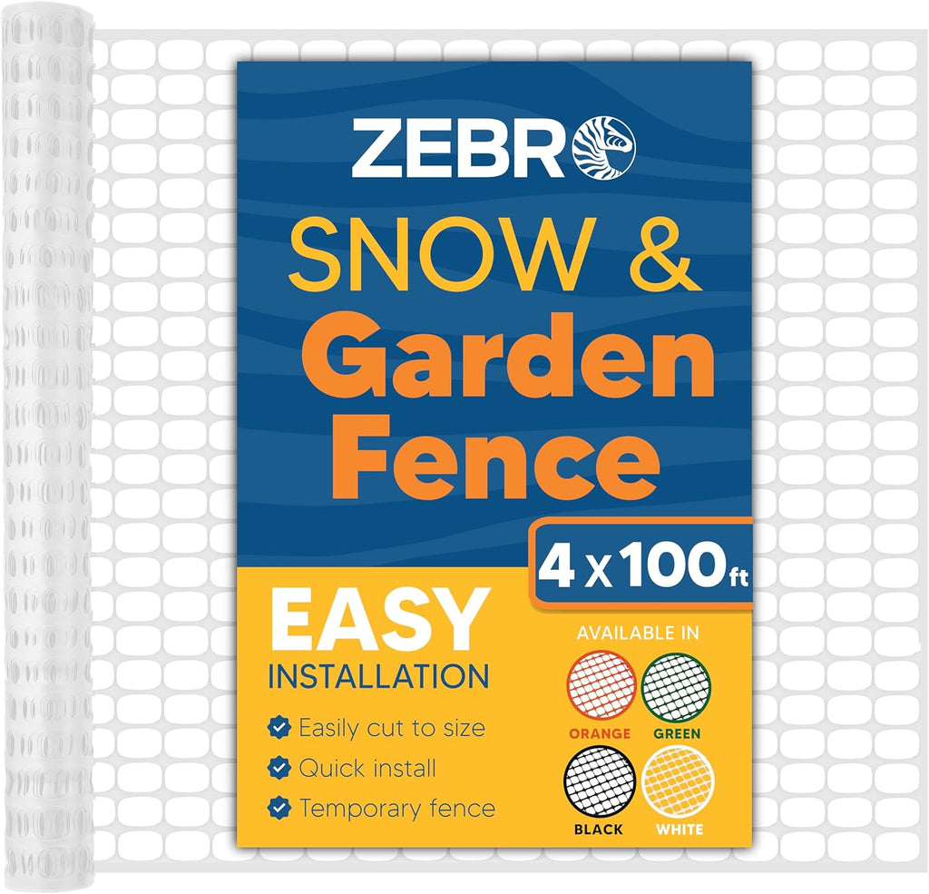 ZEBRO 4' x 100' White Plastic Garden Fence Roll – Standard Duty Safety Netting for Snow, Poultry, Deer, Dogs – Reusable Outdoor Barrier for Yard, Landscaping, Animal Protection