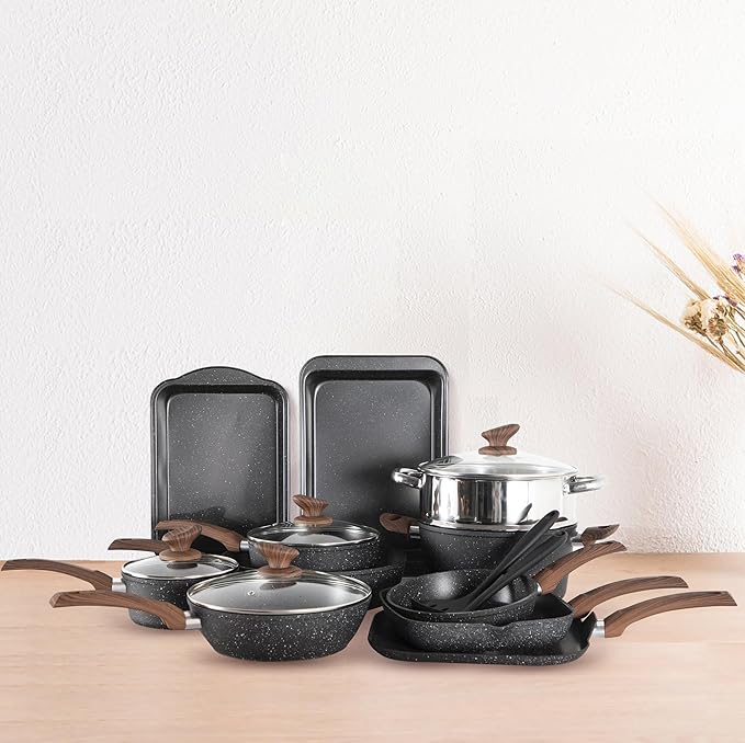 DishDelight 17 Piece Pots and Pans Set Non Stick, Nonstick Induction Granite Kitchen Cookware Set, Non Toxic Cookware Set with Frying Pans and Saucepan, Cooking Sets Pots and Pans, Black