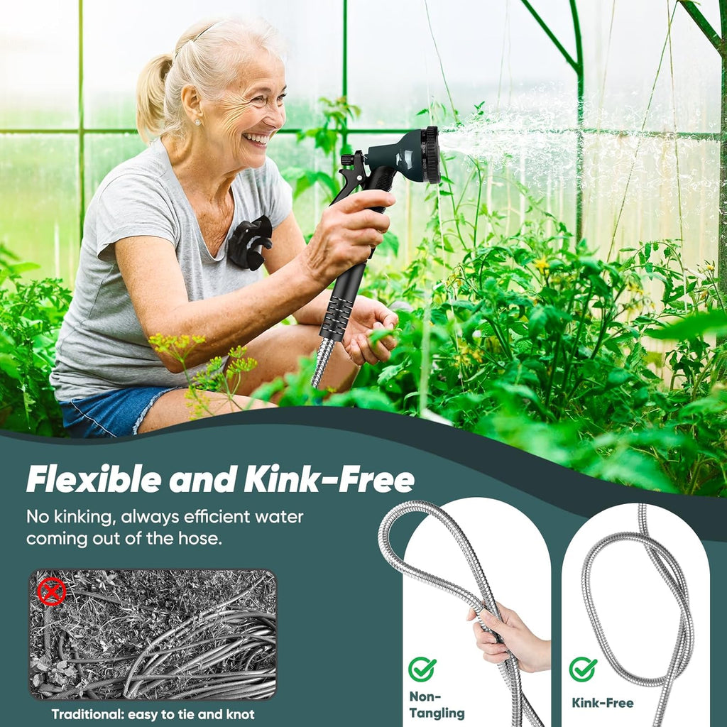 Garden Hose with 10-Function Nozzle, Leak-proof Metal Connector Hose, No Knots, Kink-Free, Lighter, Anti-Pets, Wear-Resistant, 3/4 GHT, Water Hose for Garden, Yard, Outdoor（75 FT）