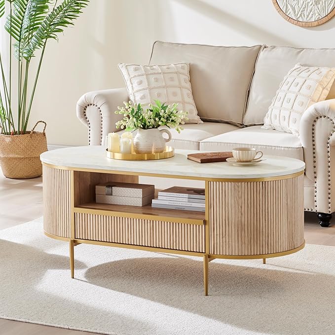 OKD Modern Luxury Fluted Coffee Table, 48" Oval Coffee Table with Drawer, Faux Marble Top, Curved Profile Design, Gold Metal Decor, Center Table for Living Room Natural Oak