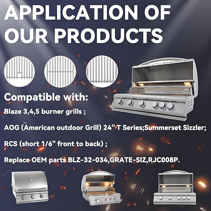 4 Pc 304 Heavy Duty Cast Stainless Steel 5/16" Rod BBQ Cooking Grill Grates Replacement Parts for Blaze Grill 3, 4, 5 Burner Blaze Grill Models, AOG, RCS, Summerset Sizzler, Stainless Steel 18 x 7-3/8