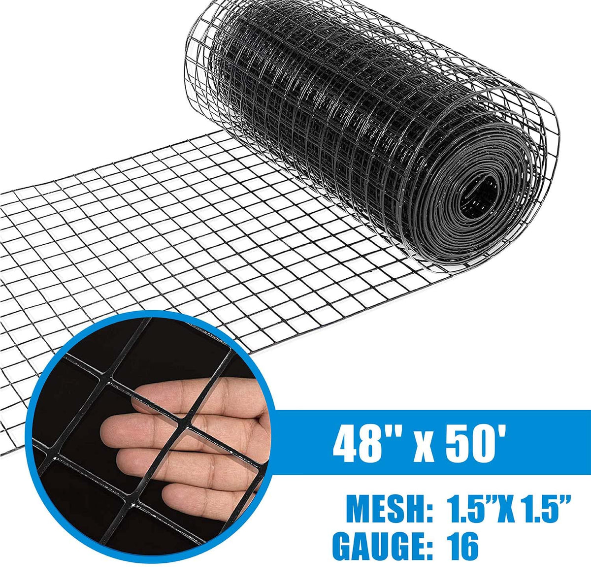 Fencer Wire 16 Gauge Hardware Cloth, Black Vinyl Coated Welded Wire Mesh, Chicken Coop Wire Fence, 1.5 inch x 1.5 inch Grid (4 ft. x 50 ft.)