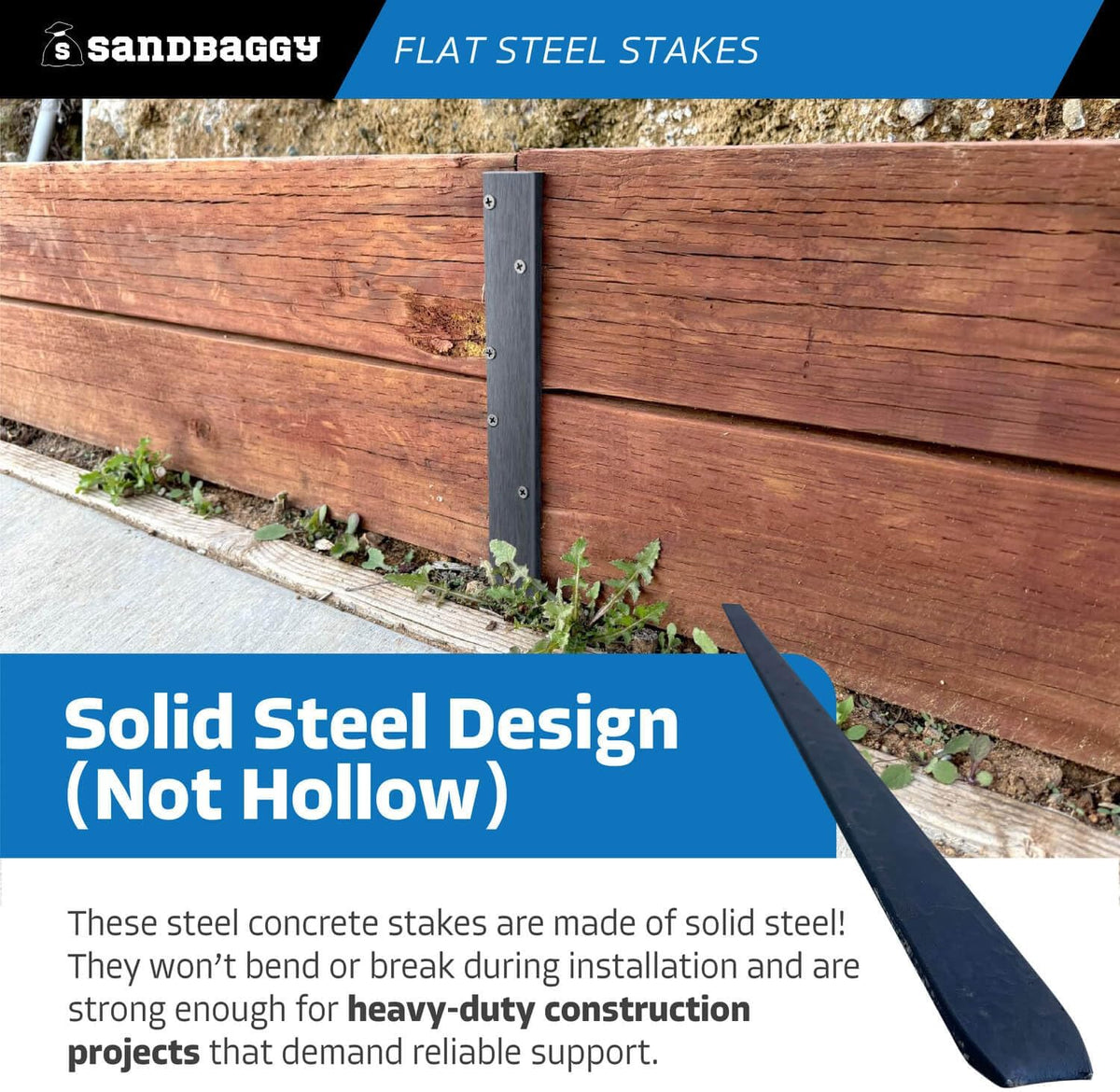 Sandbaggy Flat Steel Stakes for Concrete Forms with Nail Holes - 1.5" Wide - Painted - Removable, Reusable, V Point End - Construction Grade Stakes (1, 48 inch)