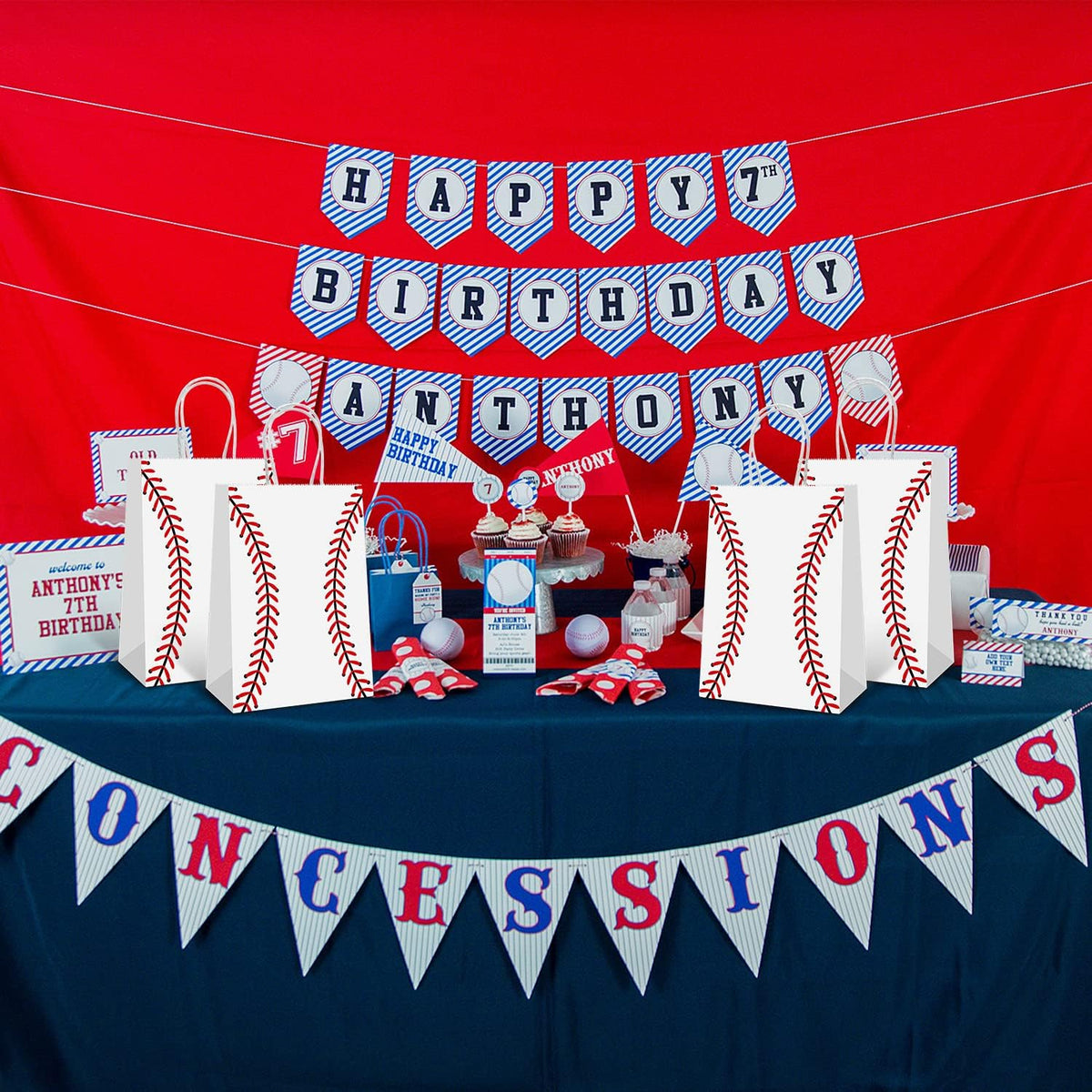 Generic 16 PCS Baseball Party Gift Bags, Baseball Pattern Gift Bag, 5.9 x 3.2 x 8.3 inches, Red, Smooth Finish, Polypropylene, 16 Count, Birthday Party Supplies for Kid Adult