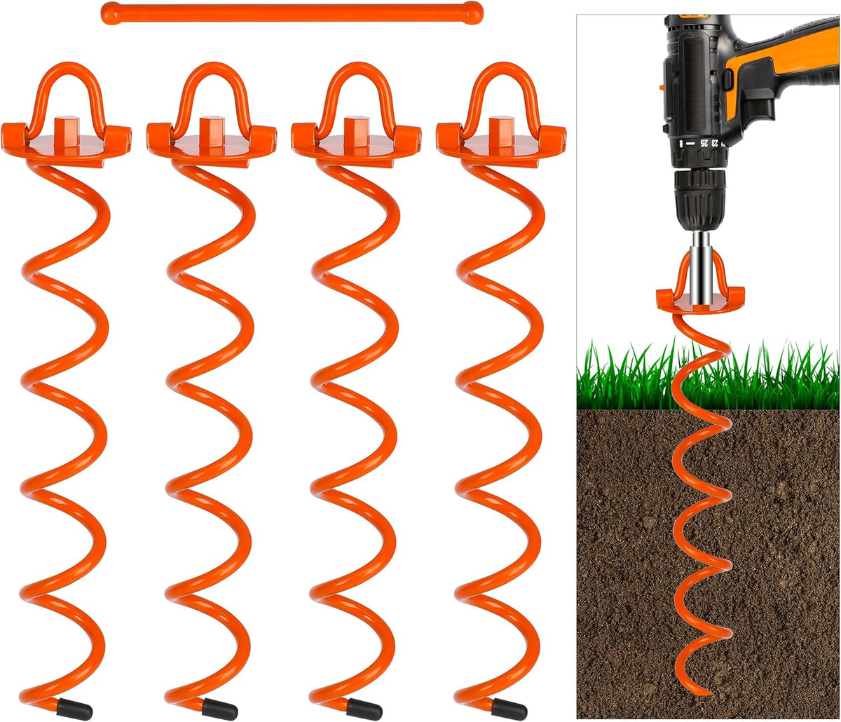 FEED GARDEN 16 Inch Spiral Ground Anchors Heavy Duty Screw in Spiral Stakes, 4 Pack Folding Ring Ground Stakes for Securing Dogs,Tents, Trampolines, Canopies, Swing Sets, Orange