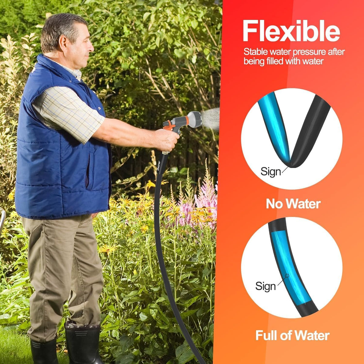 SPECILITE Garden Water Hose 200 ft x 3/4 in Heavy Duty, Flexible and Lightweight, Burst 600 psi, Kink-less Hybrid Rubber Pipe for Backyard, 3/4'' Brass Fittings, Black