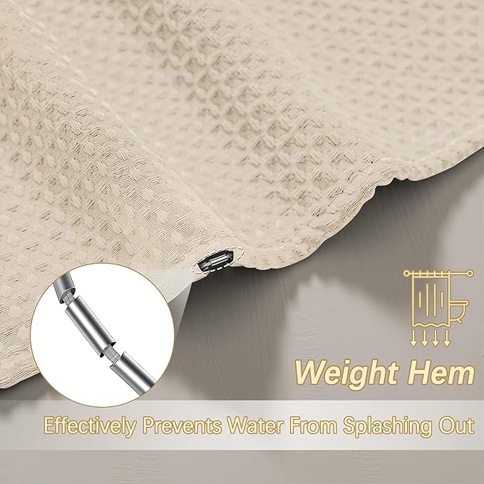 Beige Fabric Shower Curtain - Waffle Textured Heavy Duty Shower Curtains for Bathroom, 256GSM Hotel Spa Luxury Weighted Bath Curtain with 12 Hooks, 72x72, Beige
