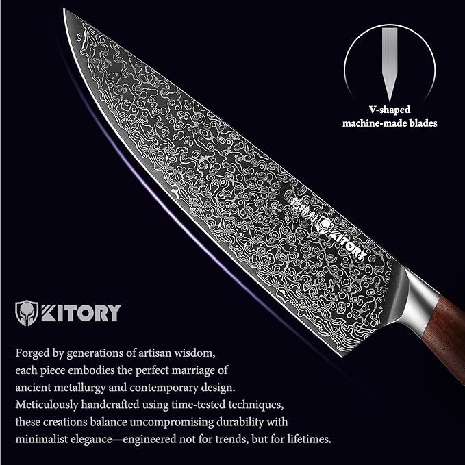 73 Layers Damascus Chefs Knife 8", 10Cr15CoMoV HC Super-Steel cutting core, Japanese Style Kitchen Knife, Full Tang Sandalwood Handle, w/t gift box