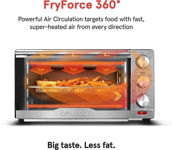 Gourmia GTF7350 6-in-1 Multi-function, Stainless Steel Air Fryer Oven - 6 Cooking Functions - Fry Basket, Oven Rack, Baking Pan & Crumb Tray, Included + Recipe Book