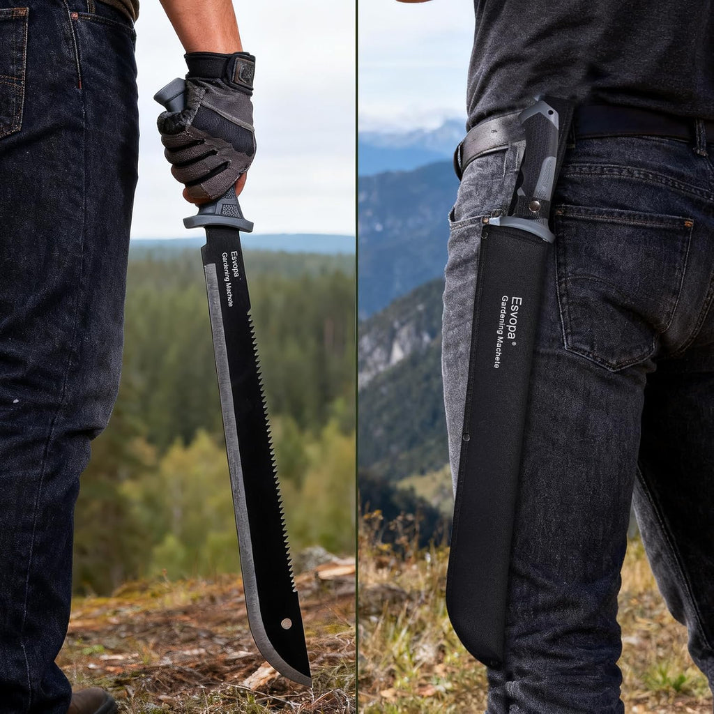 Machete for Bushcraft, 24 inch Survival Knife with Saw for Yard Work, Gardening Heavy Duty Machete with No-Slip Handle and Sheath for Hunting, Outdoor Tree Cutting Esvopa