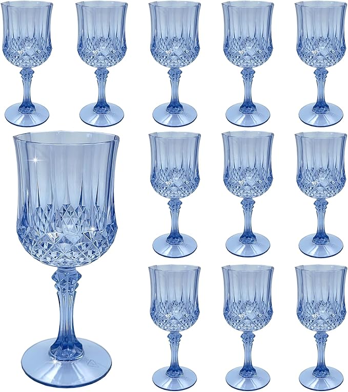 Plastic Wine Glasses，Plastic Goblets Vintage Style Cordial Drinking Glasses for Wedding Reception, Grand Event Party Supplies (12, Blue)