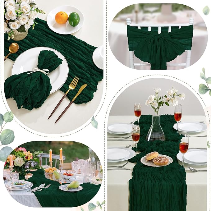 6 Pack Emerald Green Cheesecloth Table Runner 10FT Long Boho Gauze Table Runner Rustic Sheer Runner for Wedding Bridal Baby Shower Birthday Party Table Decor Fall Thanksgiving Christmas Decorations