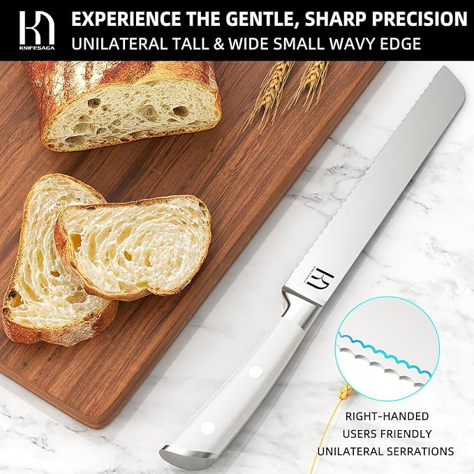 Bread Knife - 8 Inch Japanese Serrated Sourdough Bread Slicing Knife, High Carbon Stainless Steel, Razor Sharp, Ergonomic White Handle