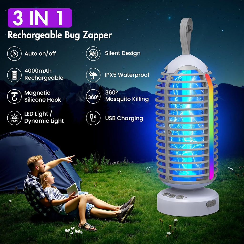 Bug Zapper Outdoor with Colorful Lighting and Auto-Sensing, 3 in 1 Cordless 4000mAh Battery Electric Fly Trap, Rechargeable Mosquito Zapper for Camping, Patios, Garden, Kitchen (2Pack-Grey)