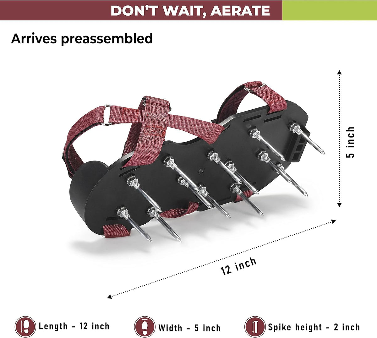 Lawn Aerator Shoes with Hook-and-Loop Straps, Pre-Assembled, Fully Adjustable, One-Size-Fits-All – Lawn and Garden Tool Reduces Thatch, Revives Soil Health (Maroon)