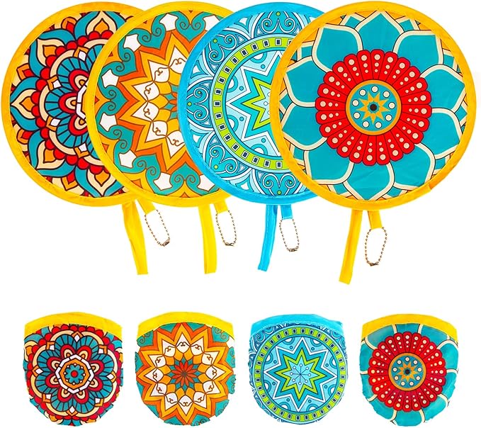 4pcs Mandala Round Foldable Hand Fan Japanese Foldable Fan Style Handheld Compact Cooling Fans,Round Folding Fan for Outdoor Games,Xmas Decoration,Festival,Party Favors,Travel,Events