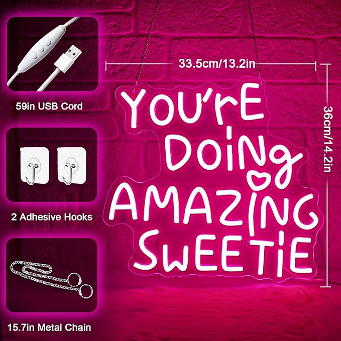 You're Doing Amazing Sweetie Neon Sign,Pink Led Neon Signs for Wall Decor,Dimmable Inspirational Letter Neon Lights USB Amazing Light Up Signs for Bedroom Classroom Party,Gift for Boys Girls