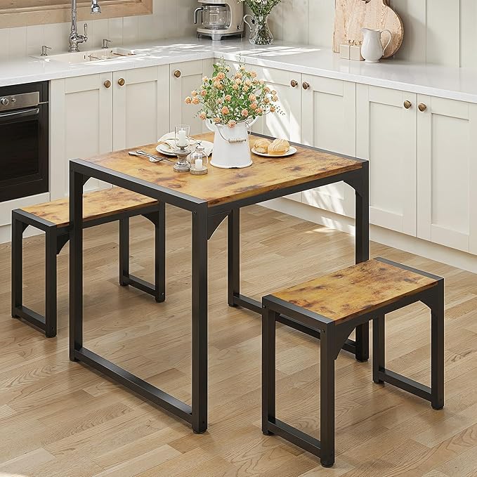Gizoon Dining Table Set for 2, Kitchen Table Set for 2 with Steel Frame, Kitchen Table with 2 Benches for Small Space, Space Saving Design for Restaurant, Living Room, Retro