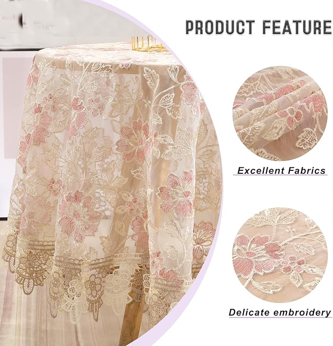 Lace Floral Tablecloth Vintage Round Tablecloth Decorative Exquisite Border Table Cover for Party Wedding Home Decorations, Round-48, Pink