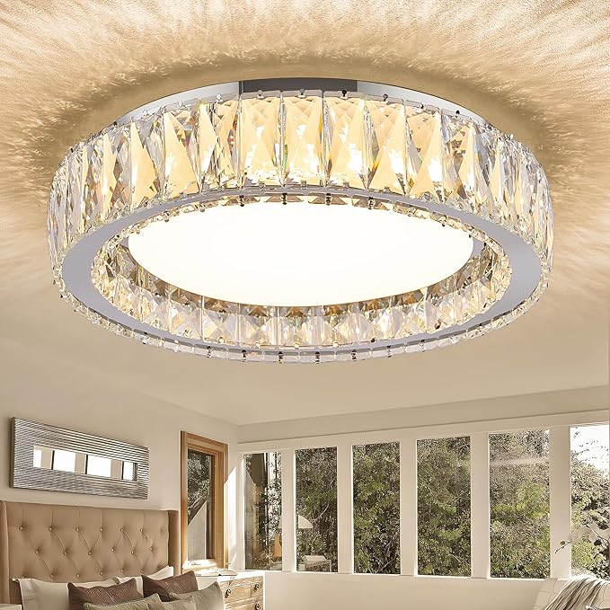 Crystal Chrome Flush Mount Ceiling Light,LED Dimmable 5CCT 3000K-6000K Lighting Fixtures Modern Round 36W Chandelier for Kitchen Entryway Bedroom Dining Room 15 Inch