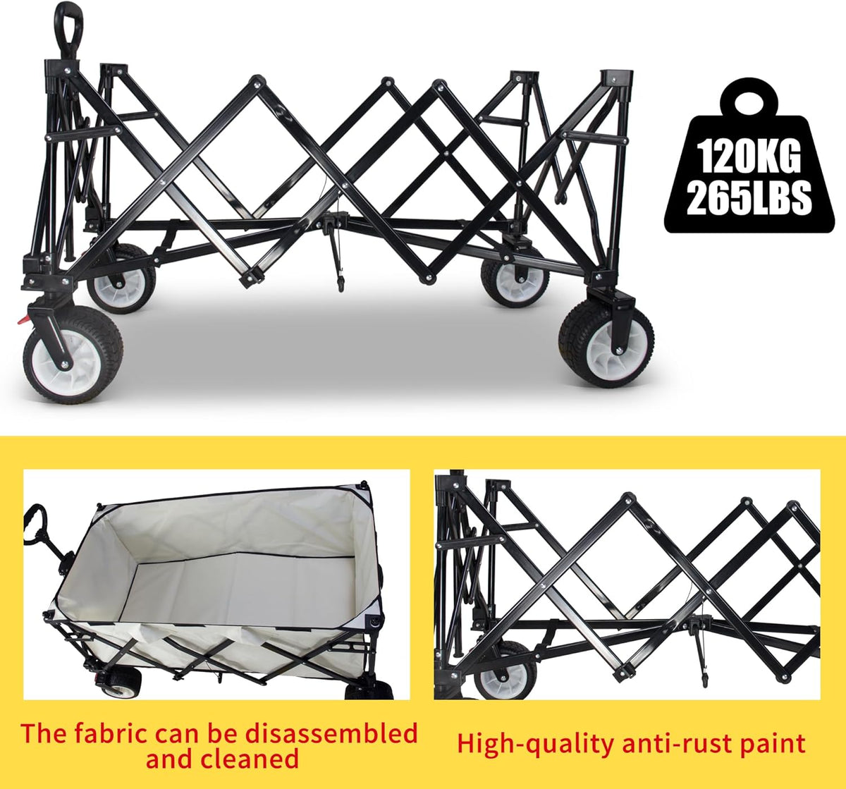 TMZ Collapsible Wagon 445L Heavy Duty Foldable Cart with All-Terrain Wheels, Canopy & Brakes - Extra Large Utility Wagon for Beach, Outdoor, Garden, Camping Portable Foldable Design (White)