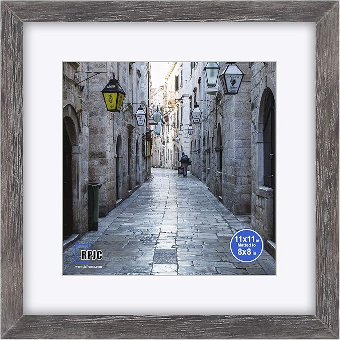 RPJC 11x11 inch Picture Frame Made of Solid Wood and High Definition Glass Display Pictures 8x8 with Mat or 11x11 Without Mat for Wall Mounting Photo Frame Driftwood Finish
