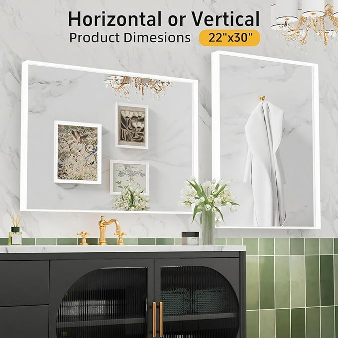 22x30 Inch White Bathroom Mirrors for Over Sink, Rectangle Mirror, Metal Framed, Wall Mounted, Modern Vanity Mirror, HD Tempered Glass (Horizontal/Vertical)
