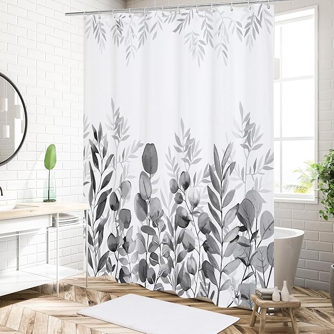 MitoVilla Black Eucalyptus Shower Curtain, Plant Leaves Fabric Cloth Shower Curtains for Rustic Vintage Bathroom Decor, Modern Chic Botanical Shower Curtain, 72x72