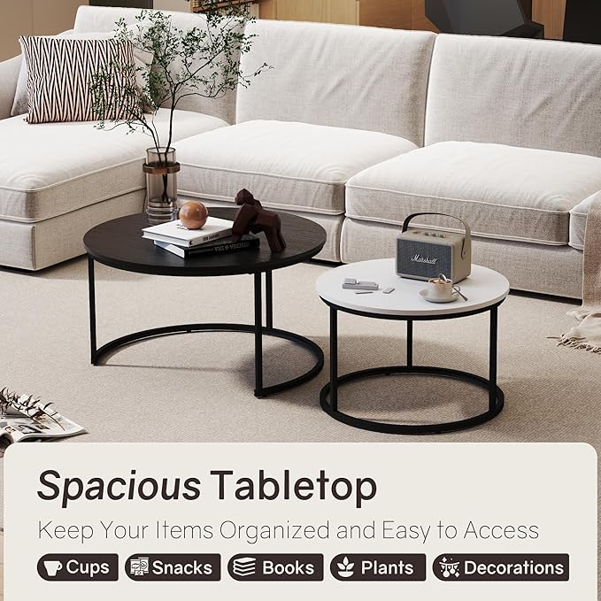 Nesting Tables Set of 2, 31.5" Round Coffee Table, Small Nesting Coffee Table with Adjustable Non-Slip Fee, Wood Grain Top Nesting Tables for Living Room, Bedroom (Wood Grain Black&White)
