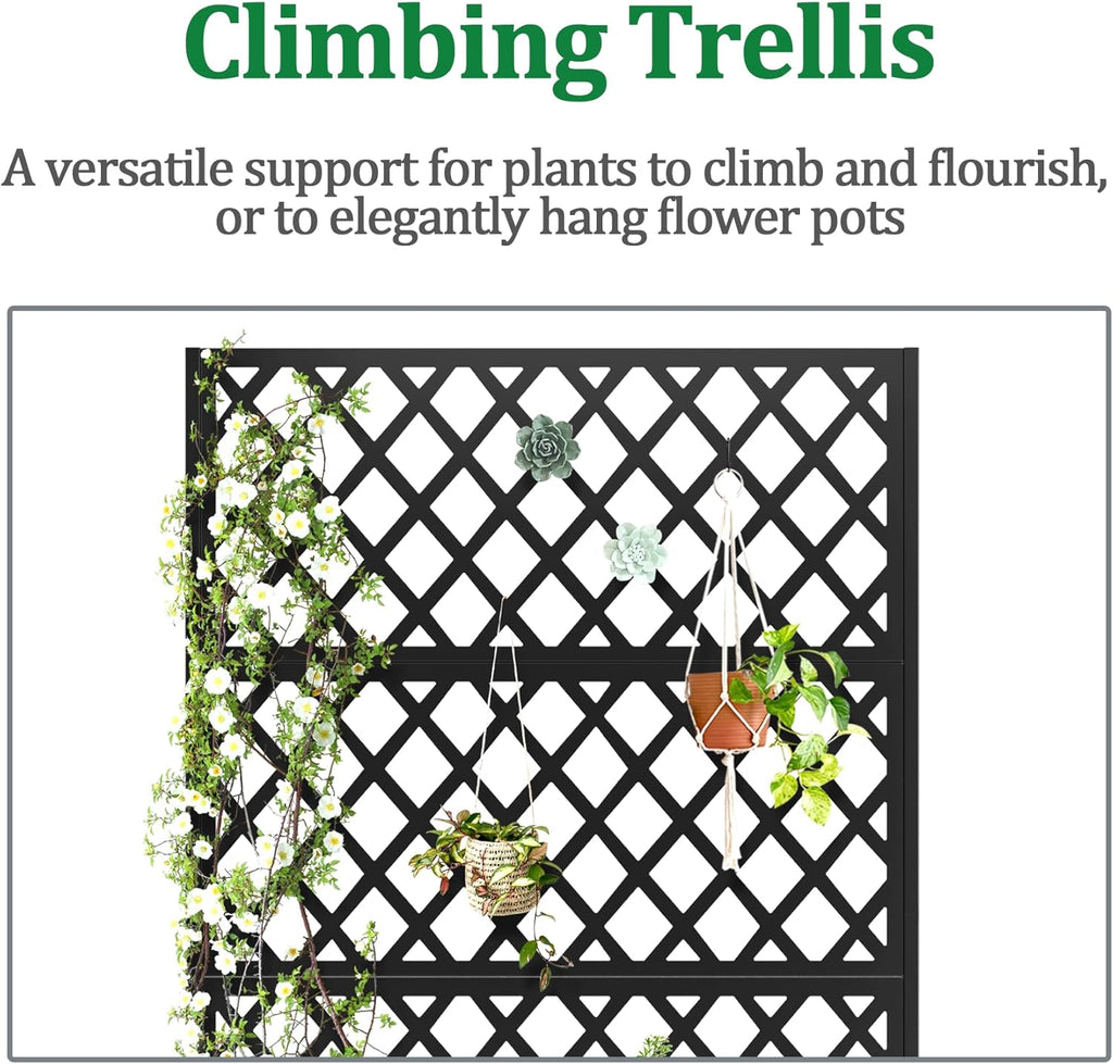 Metal Raised Garden Bed with Trellis and Wheels, 2 in 1 Trellis with Planter Box & Privacy Screen for Climbing Plants, Outdoor Standing Flower Beds with Drainage Holes, 35.4"L x 15.7"W x 70.9"H, Black