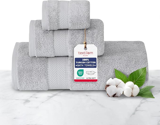 TEXTILOM 100% Turkish Cotton 3 Pcs Bath Towel Set, Luxury Bath Towels for Bathroom, Soft & Absorbent Bathroom Towels Set (1 Bathtowel, 1 Hand Towel, 1 Washcloth)- Light Grey