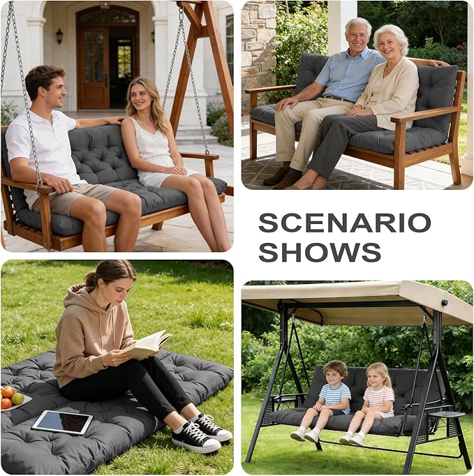 Porch Swing Cushions,Outdoor Cushions 3 Seater Replacement with Backrest, Waterproof Thickened Bench Cushion with Ties for Porch, Patio,Outdoor, Backyard and Garden (Dark Gray 47 * 40 in)