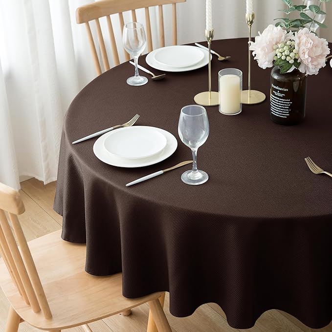 Biscaynebay Textured Fabric Tablecloths Round 60", Brown Water Resistant Table Cloth Small Circle Folding Table Covers for Dining, Kitchen, Wedding & Parties etc. Machine Washable