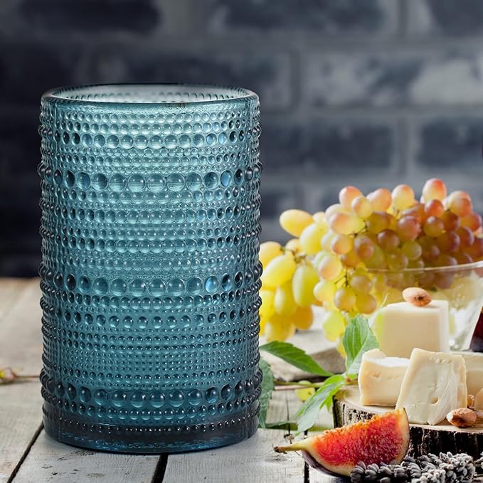 Hobnail Drinking Glasses Set of 6, Vintage Colored Glassware 14.5oz, Tall Beverage Glass Cups for Water, Juice, Cocktail (Blue)