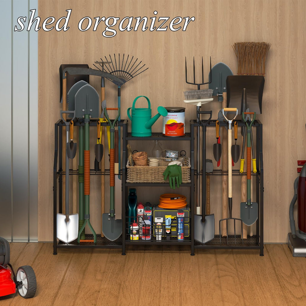 keomaisyto Garden Tool Organizer, Heavy Duty Yard Tool Tower Rack for Garage Organization and Storage, 3 Tier Utility Garden Tool Rack with hooks for Garden/Shed/Garage/Yard/Basement/Lawn