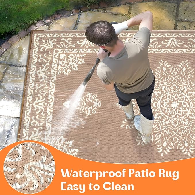 Yamaziot Outdoor Rug 8x10 Ft, Waterproof Plastic Straw Patio Rug, Reversible Backyard Carpet UV Resistant Portable RV Mat Clearance, Large Indoor Outdoor Rug for Patio, Porch, Deck, Balcony, Brown