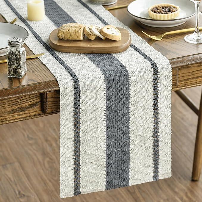 Artoid Mode Dark Grey Farmhouse Woven Rustic Table Runner, Seasonal Holiday Hollow Kitchen Dining Table Decoration for Home Party Decor 12x48 Inch