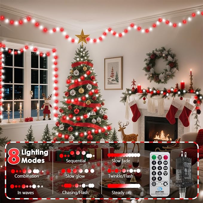 43FT 100LED Connectable Christmas String Lights Indoor Outdoor - Red and White Fairy Lights Plug in with Remote & 8 Modes, Globe Twinkle Light for Christmas Decorations Bedroom Room Tree Party